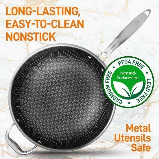 NutriChef 12'' Durable Wok Set with DAKIN Etching Non-Stick Coating - Silver