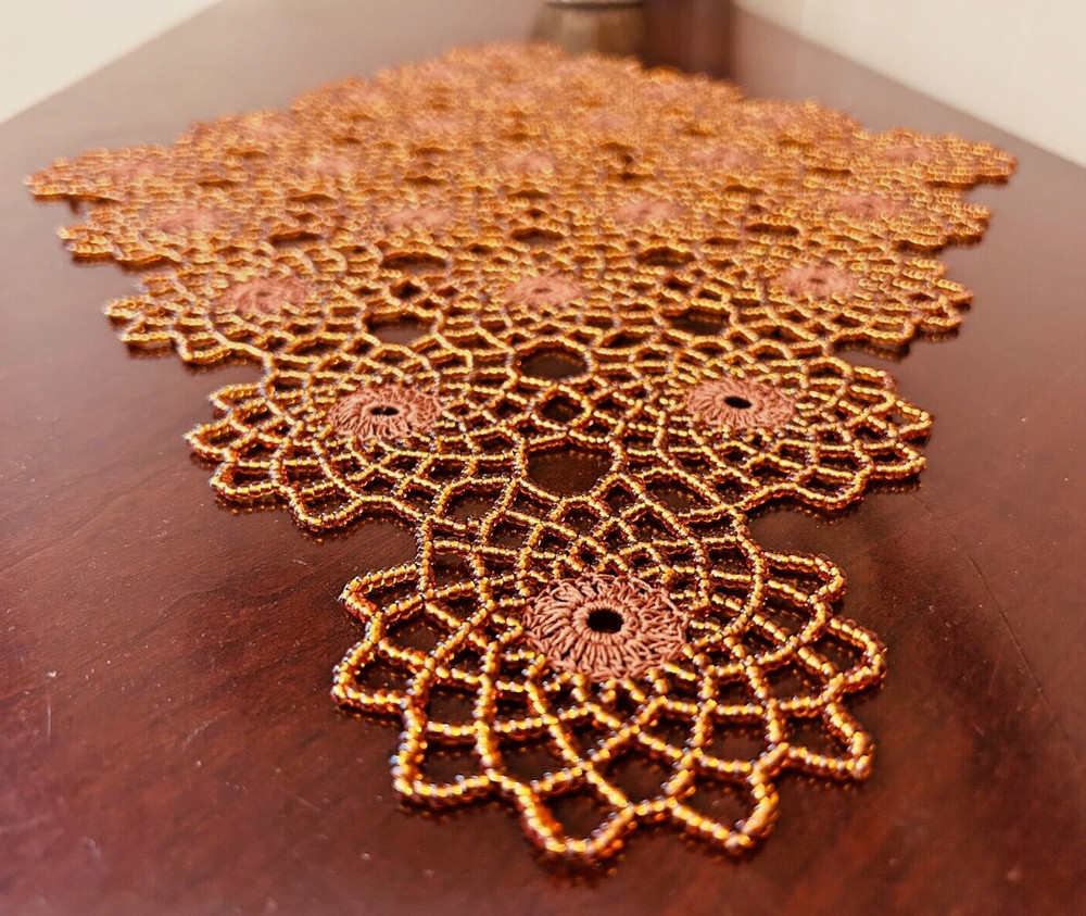 HANDMADE COPPER CROCHET BEADED DOILY 24/15"