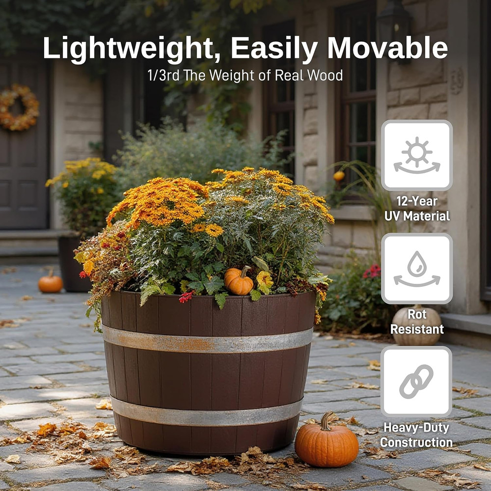 Heavy Duty 24” Walnut Planter with Rusting Steel Bands - 2 Pack