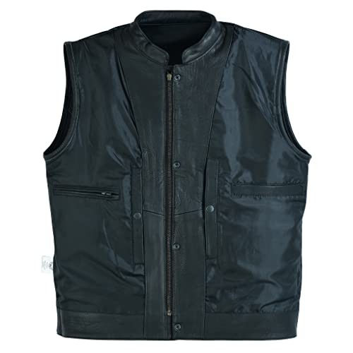 Mens Black Motorcycle Vests - Top Grain Cow Leather Medium Black (With Collar)