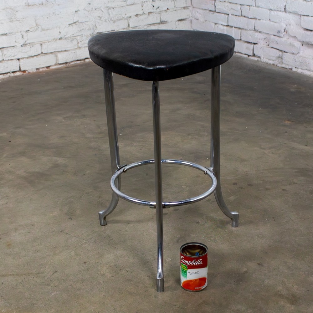 Art Deco Streamline Moderne Low Stool Solid Chrome Legs & Black Vinyl Seat