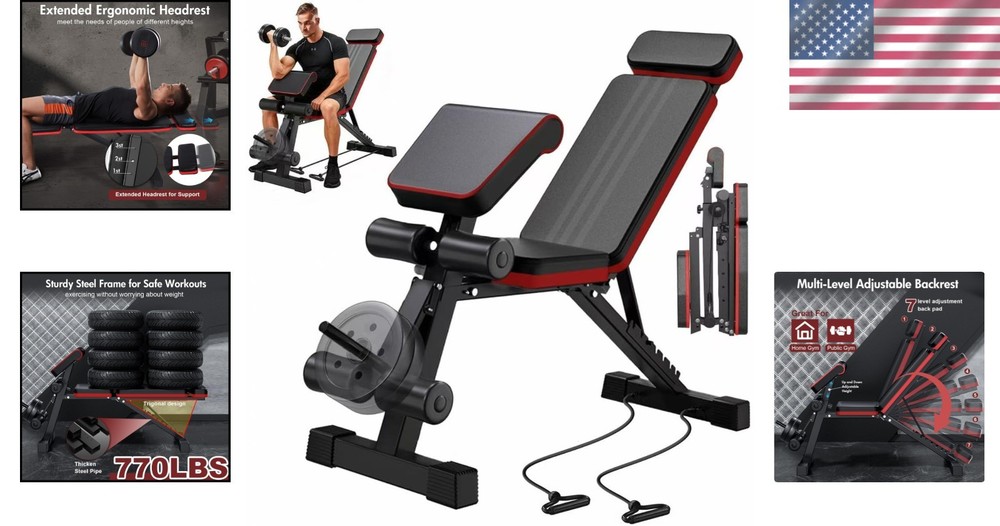 Foldable Incline/Decline Adjustable Bench with Extended Headrest & Leg Extension