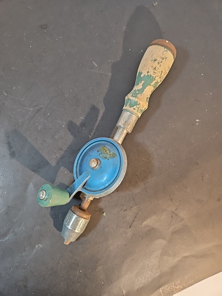 Vintage Fix N SAVE HAND DRILL Green Blue Handle Storage Hand Tool As Is
