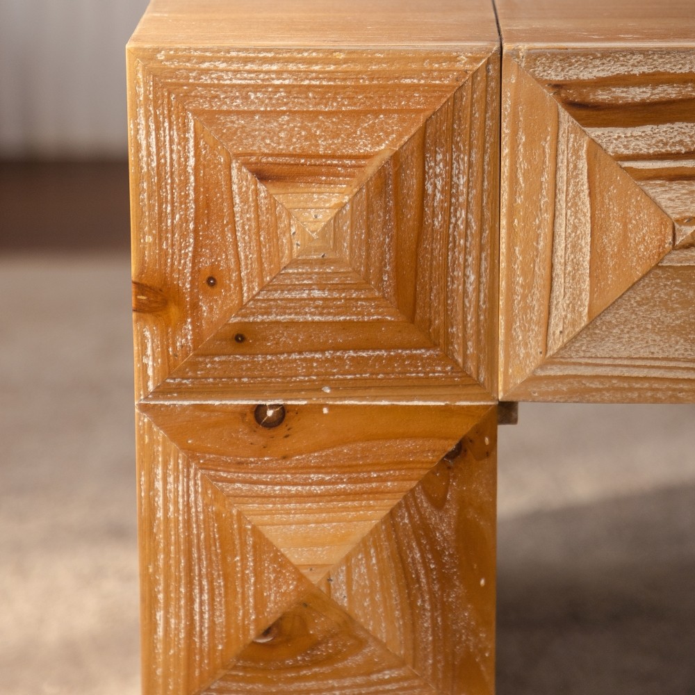 Rustic 3D Carved Geometric Relief Coffee Table, Solid Wood