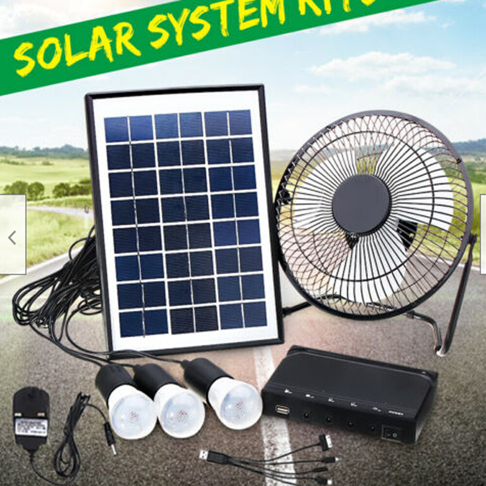 Solar Power Panel Kit Outdoor Camping USB Charging System W/ LED Light & 8" Fan