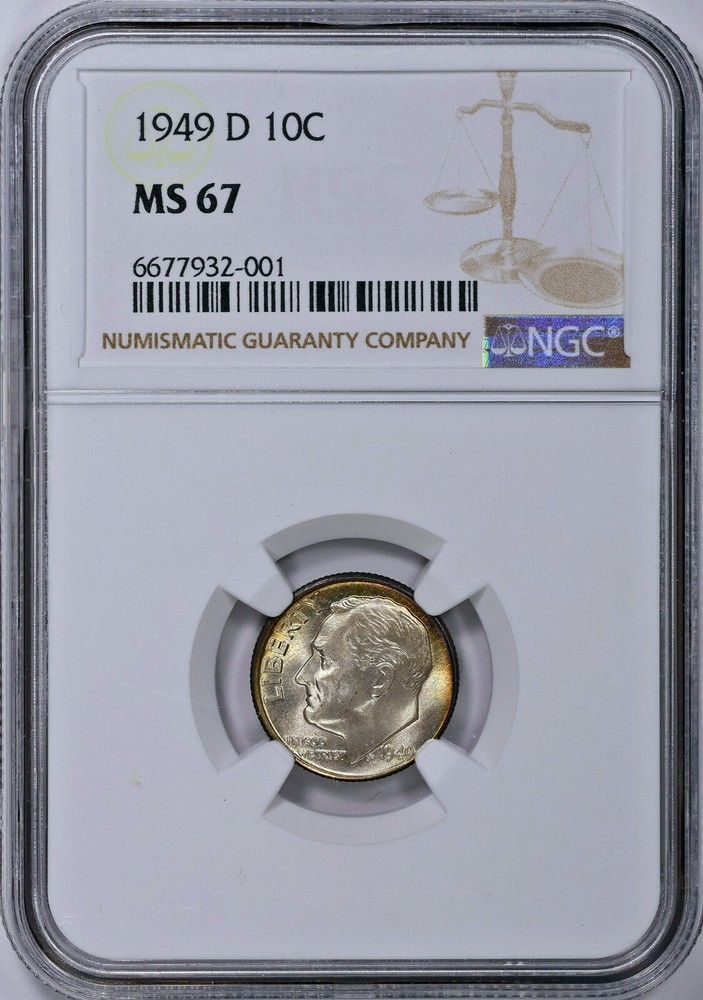 Toned 1949-D Roosevelt Dime NGC MS67