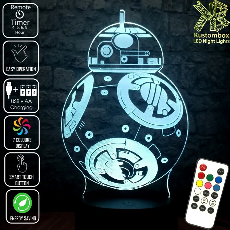 BB-8 DRIOD STAR WARS 3D LED BATTERY USB NIGHT LIGHT WITH 7 COLOUR REMOTE