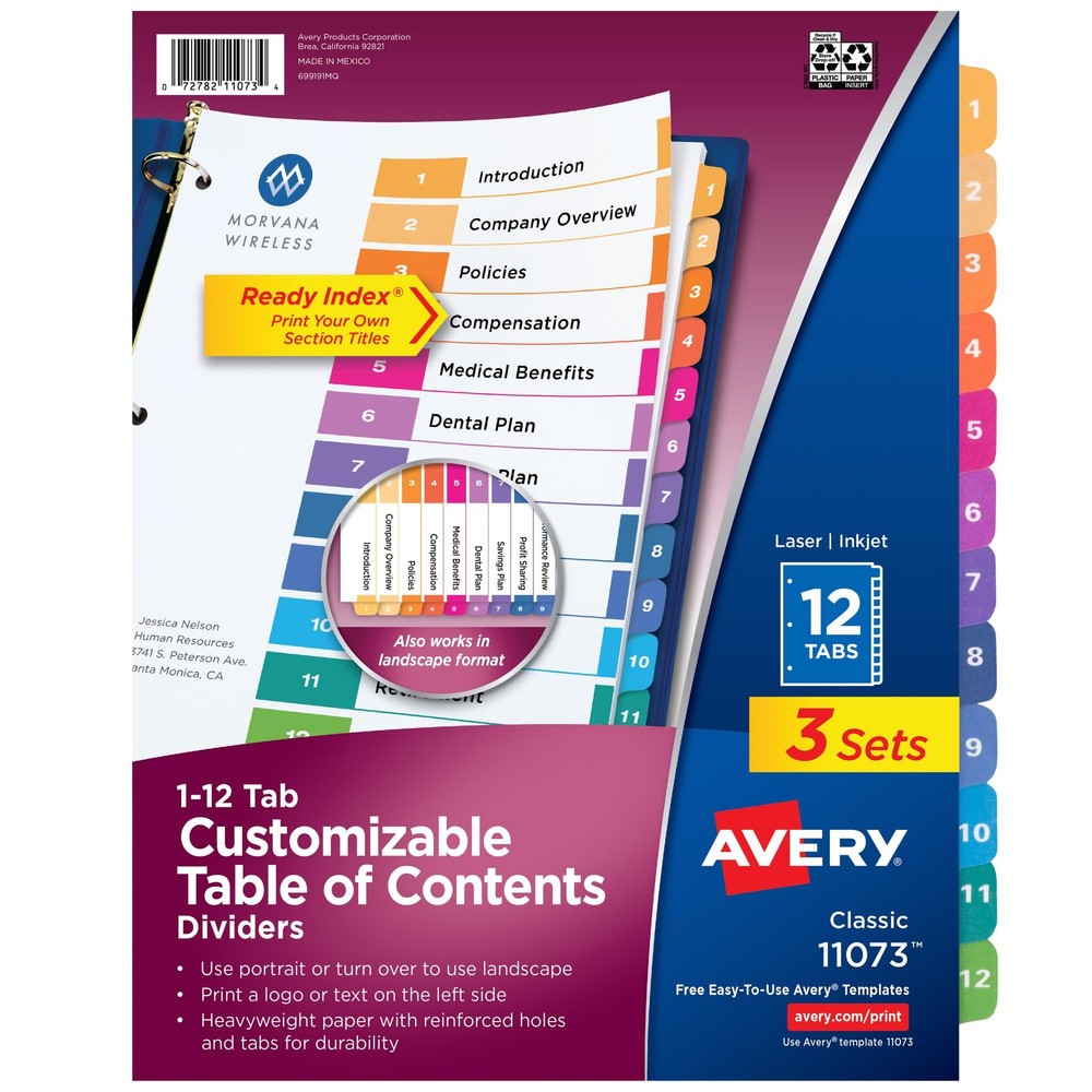 Avery Dividers for 3 Ring Binders, 12 Tabs per Set, Customizable Table of