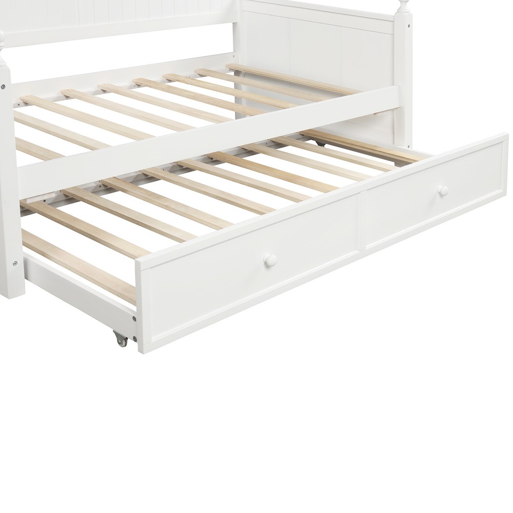 Twin Size Daybed Wood Bed Frame Sofa Bed with Pull-Out Trundle Bed White