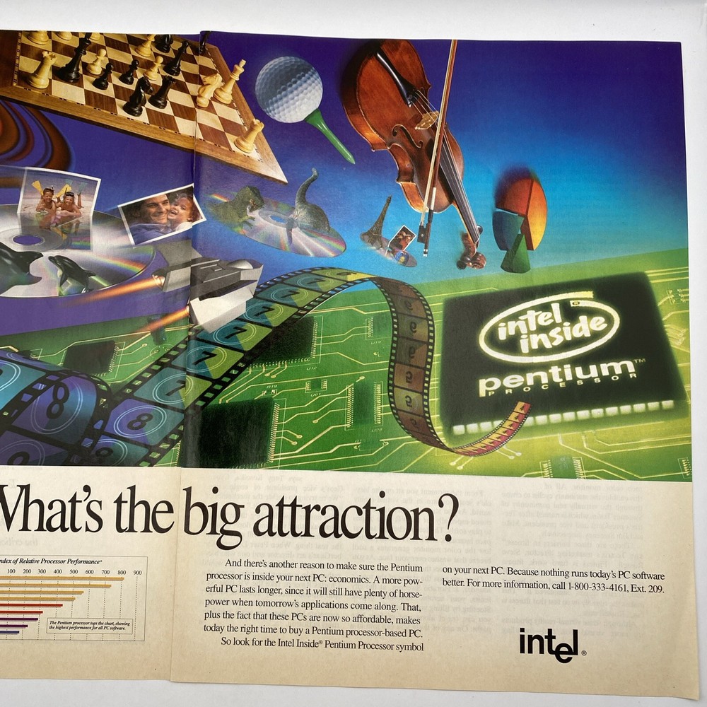 1994 Intel 2 page PRINT AD Intel Inside Pentium Processor PC Big Attraction