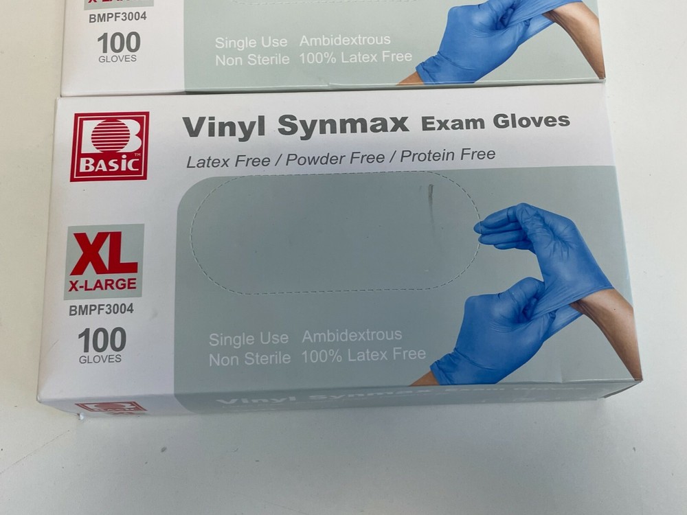 N3: 4 Boxes - 100 each box - Basic Vinyl Synmax Exam Gloves XL BMPF3004