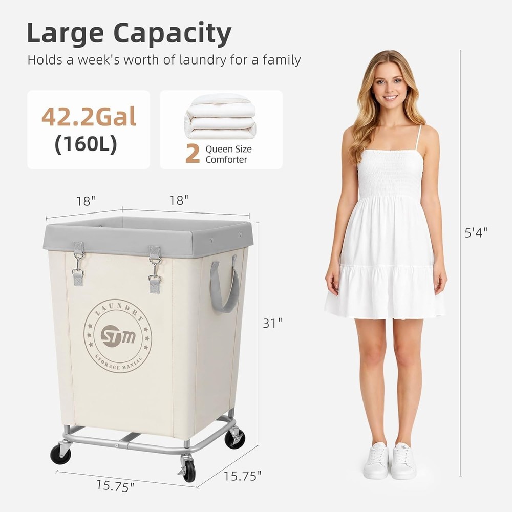 Durable Canvas Laundry Hamper with Heavy Duty Wheels and Button Closure 31"H
