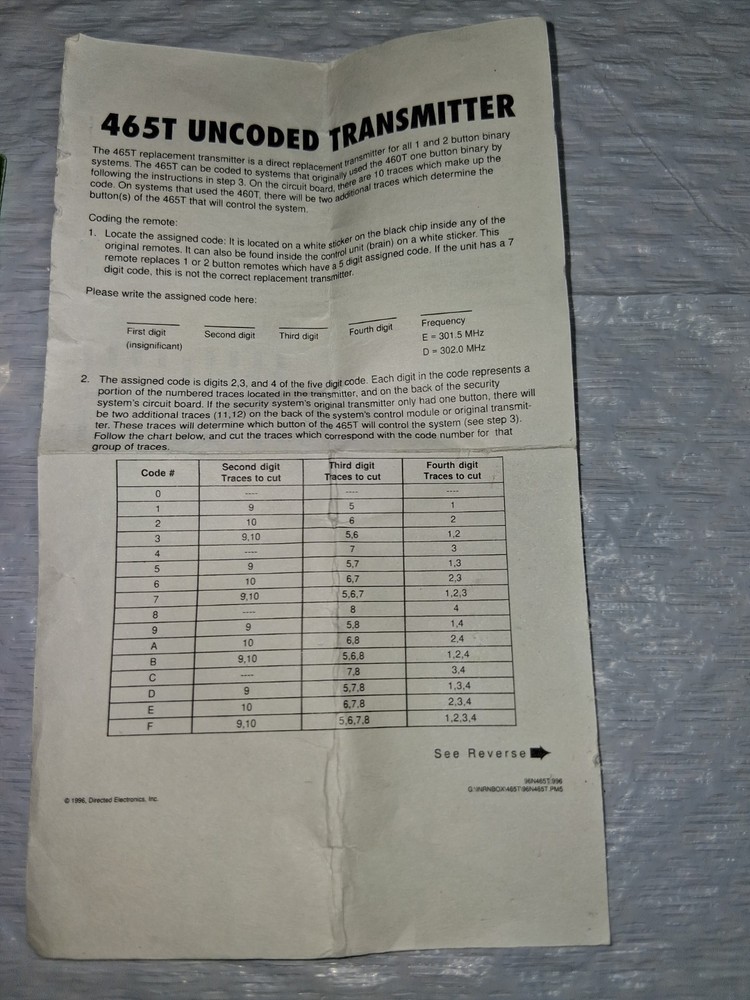 DIRECTED ELECTRONICS UNCODED TWO BUTTON TRANSMITTER PART # 465T