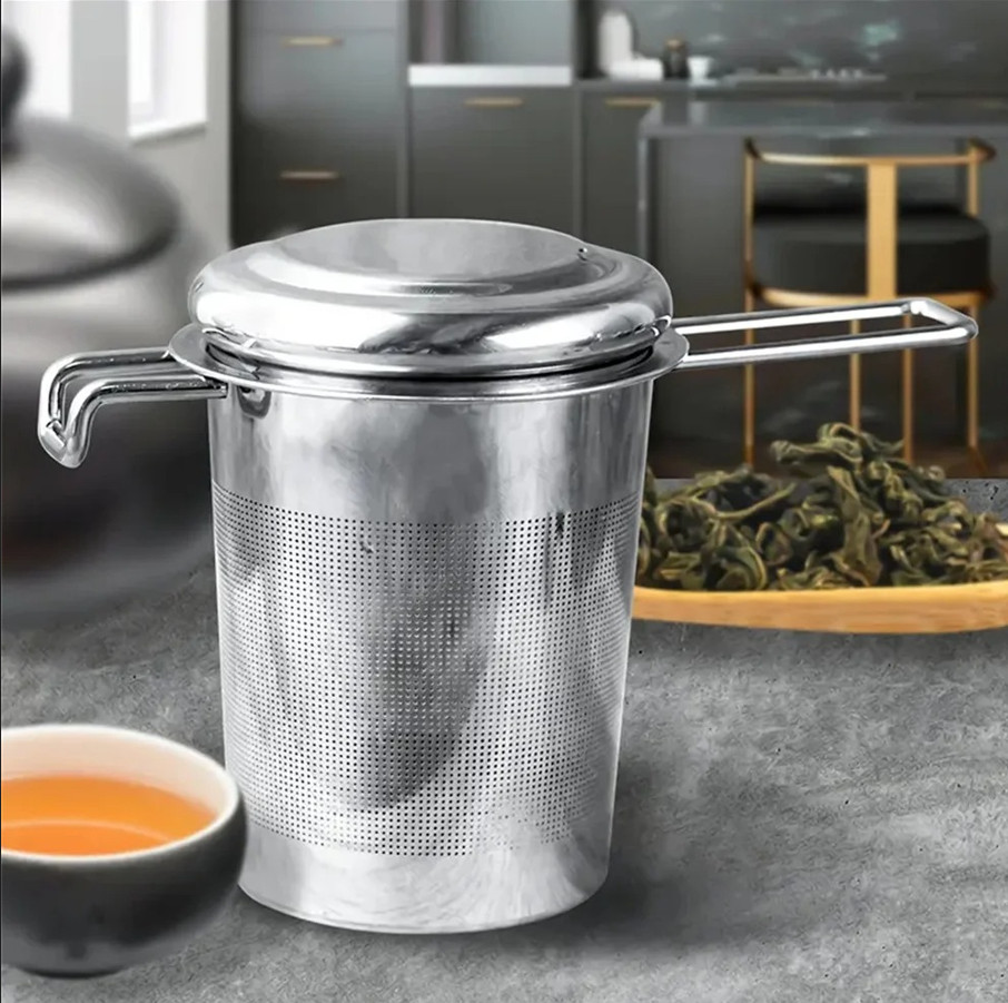 1pc Stainless Steel Tea Filter Strainer with Folding Handle & Lid Multi-Purpose