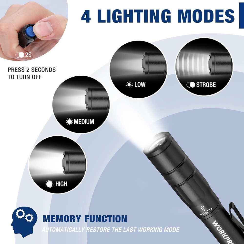 WORKPRO Rechargeable Pen Light Mini Flashlight 2 Pk Ultra-Compact EDC Flashlight