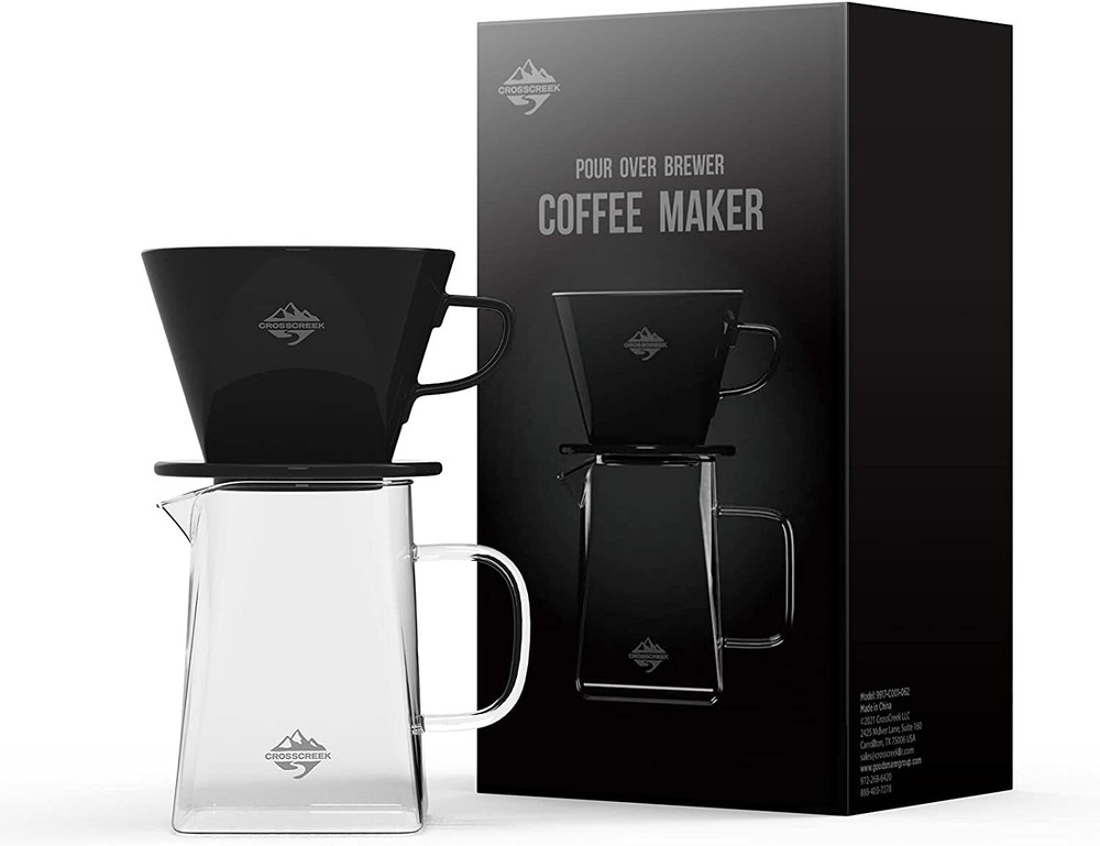 Pour Over Coffee Maker, Black Cone Ceramic Dripper with Glass Square Carafe