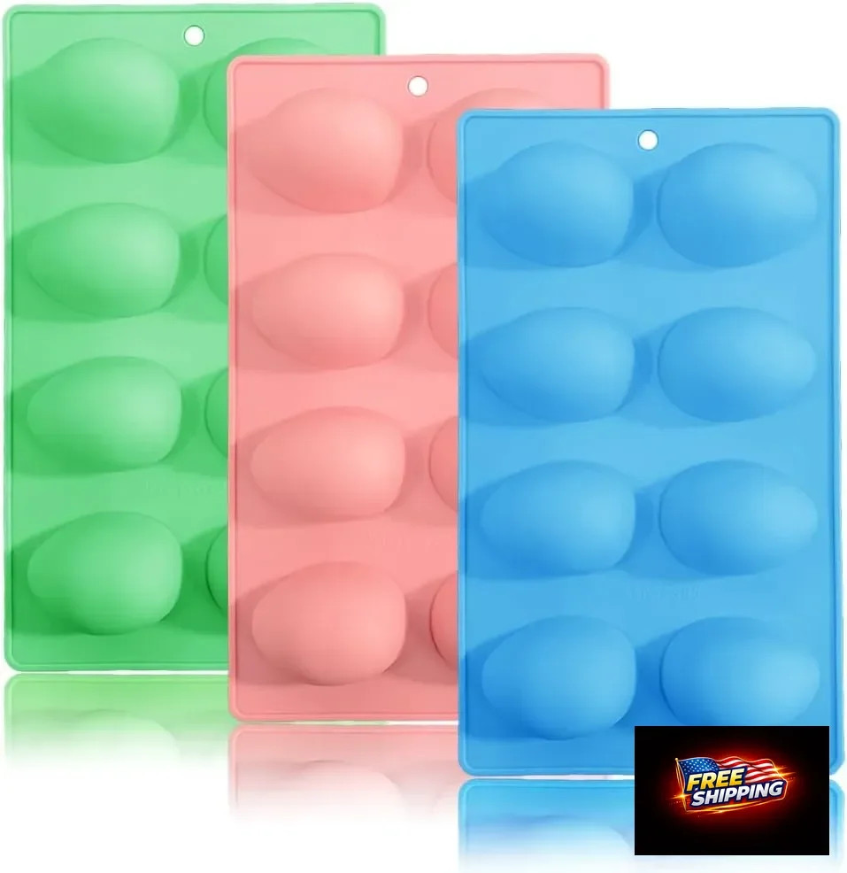 3 Pack 3D Easter Egg Silicone Molds, 8 Cavity Egg Shape Non-stick Baking Molds T
