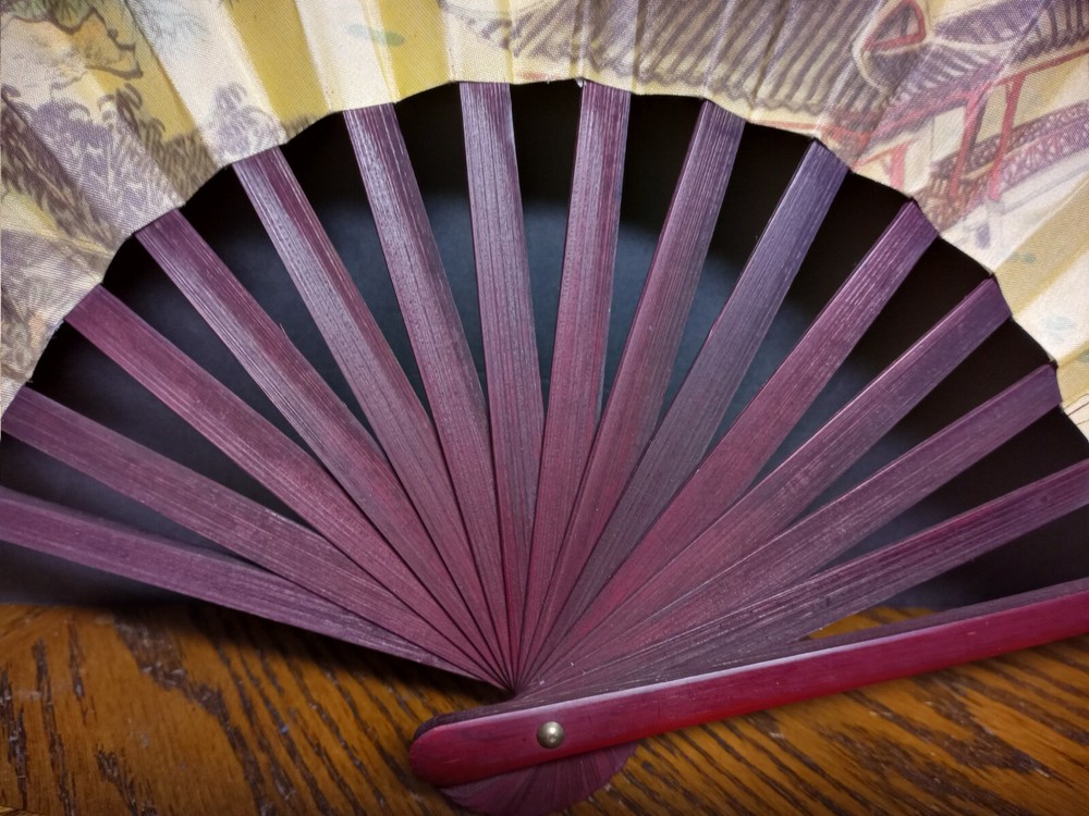 Asian Themed Fan Red Wood Handle
