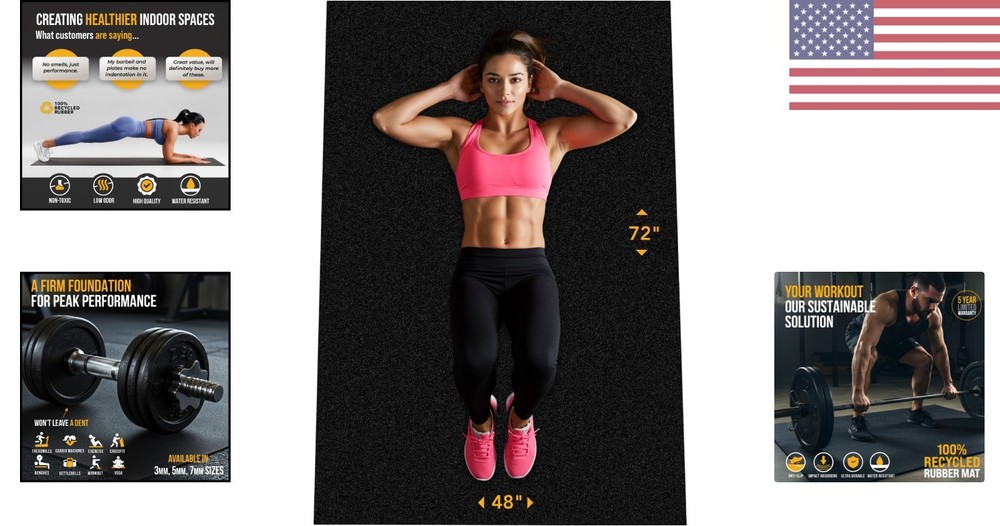 Multi-Purpose 72" x 48" Rubber Exercise Mat - Non-Slip, Water-Resistant Surface