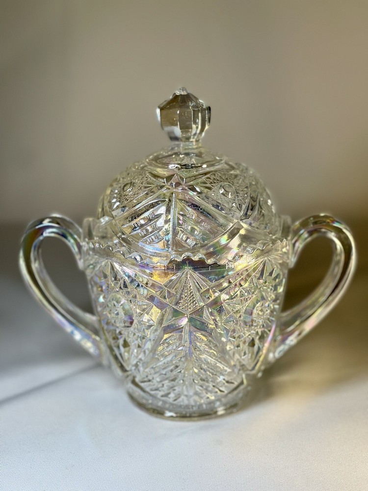 Valtec Pattern Sugar And Creamer Iridescent Clear Glass Lusterware L.E. Smith