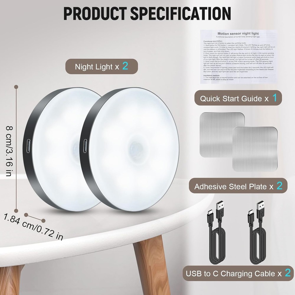 Motion Sensor Night Light 2 Pack LED Light, Black