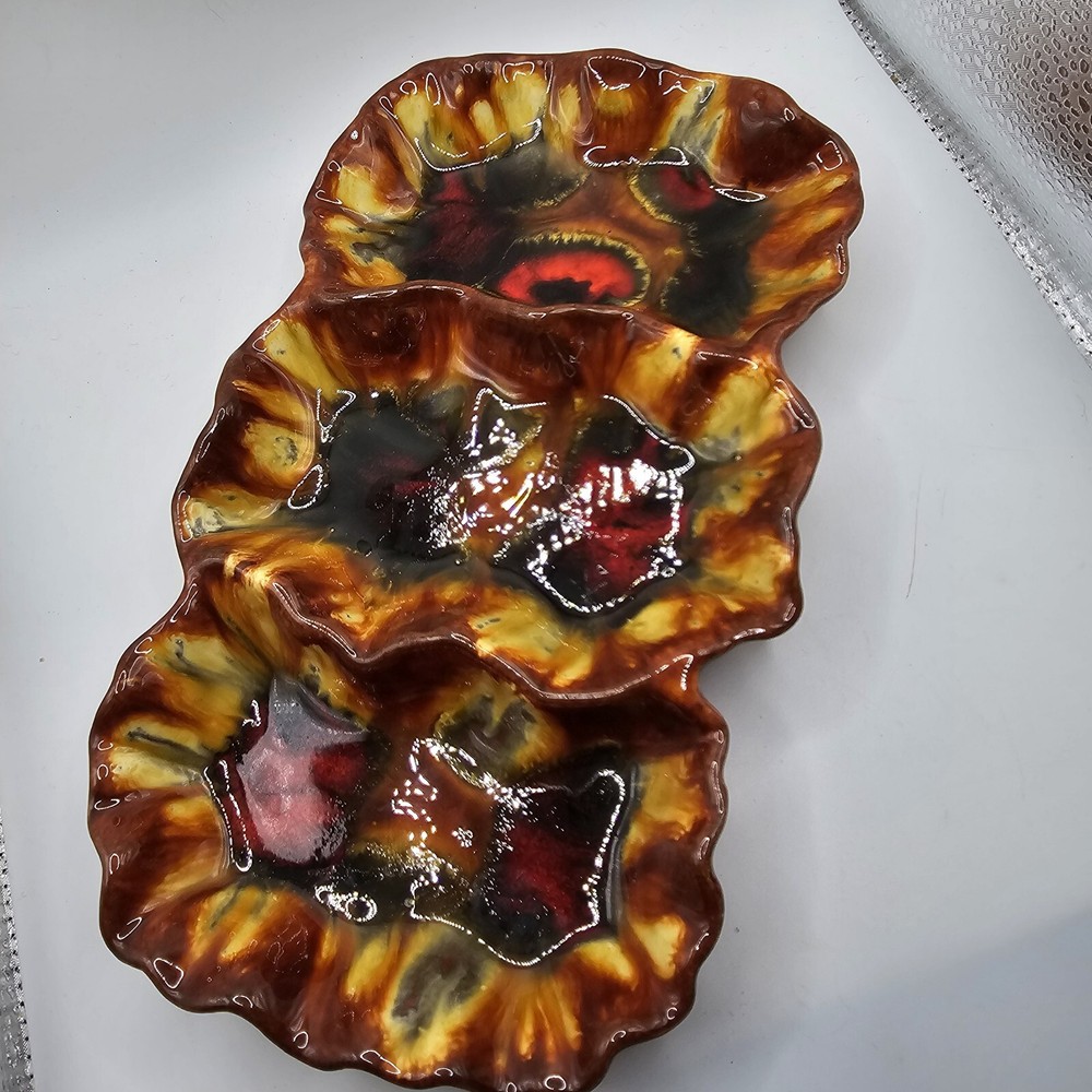 Divided Serving Dish Plate Pottery Vintage Multicolor Retro Signed