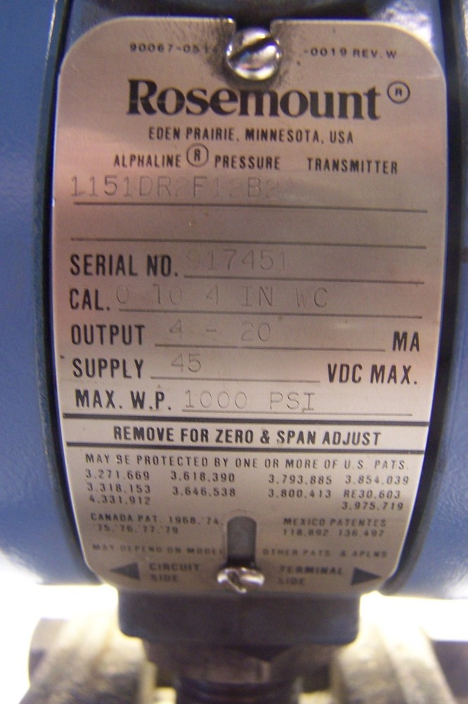 ROSEMOUNT ALPHALINE 45 VDC 1000 PSI PRESSURE TRANSMITTER 1151DR2F12B2