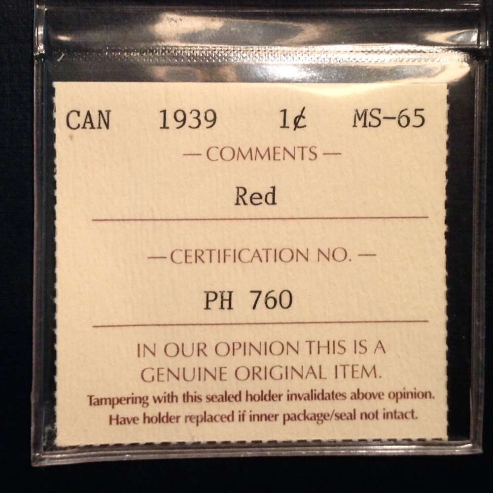 1939 Canada George VI One Cent ICCS Graded RED Uncirculated cd -
