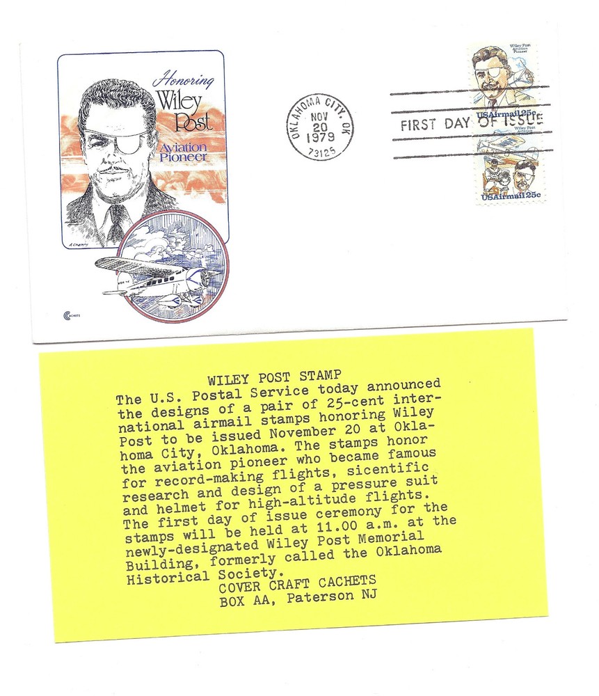 C95-96, 25c Wiley Post on one Cover Craft Cachets, CCC, FDC