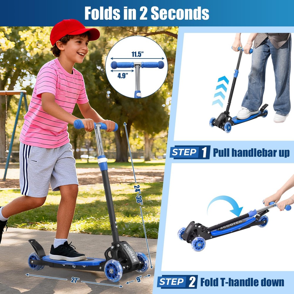 Kids Kick Scooter with LED Light-Up Wheels & Adjustable Handlebar, Foldable Desi