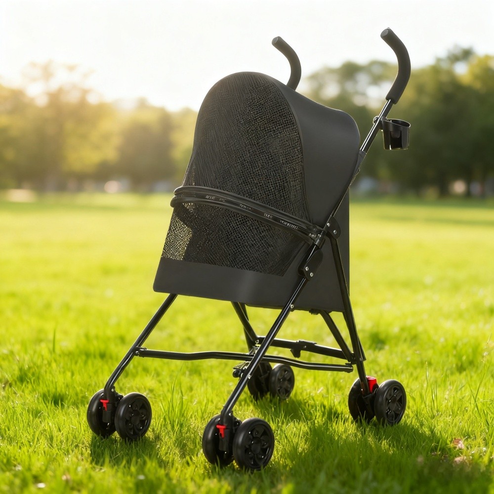 Small Pet Stroller: Foldable, Ventilated, Cup Holder (Black)
