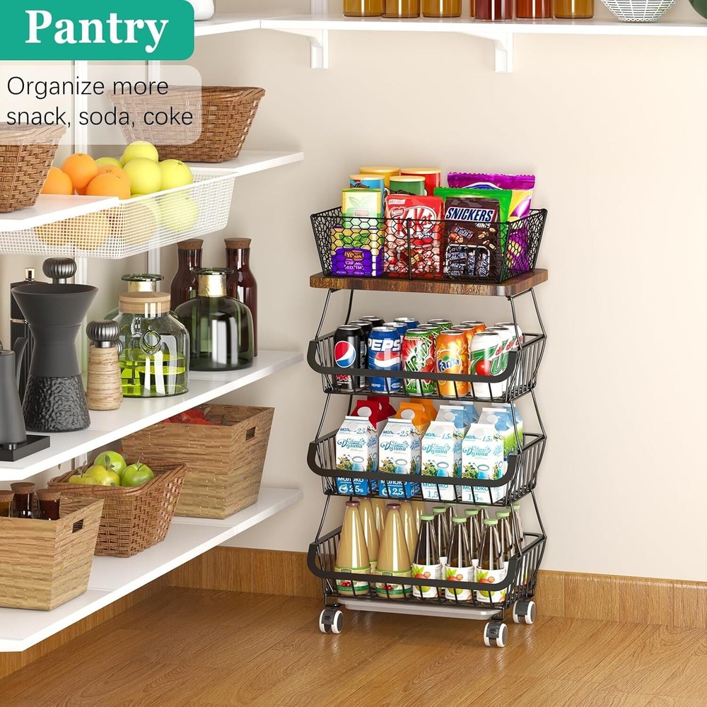 Fruit Basket with Wooden Lid,4 Tier Stackable Fruit and Vegetable Storage Basket