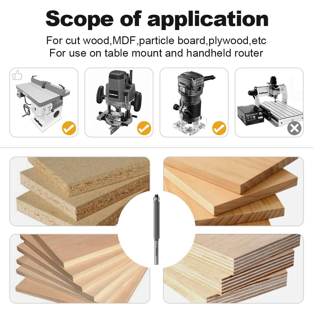 Fivepears 1/4" Shank Flush Trim Router Bit, 3/8" Diameter, 2" Length