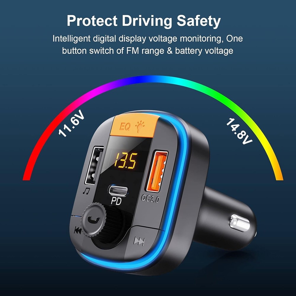 Versatile Bluetooth FM Transmitter with Fast Charge & Real-Time Voltage Display