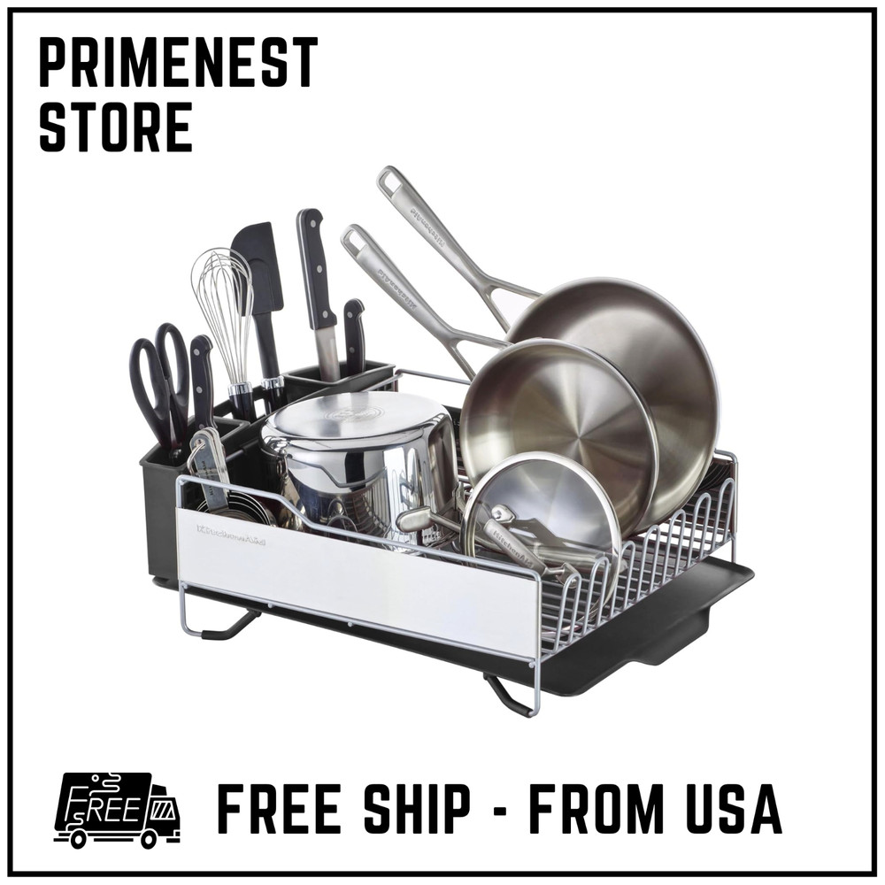 Dish Rack with Angled Drain Board and Removable Flatware Caddy, Light Grey