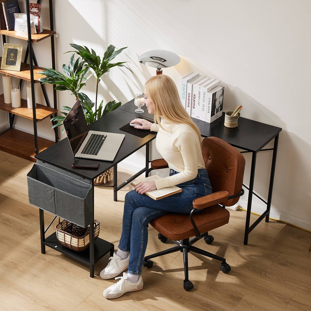 L-Shaped Computer Desk Corner Desk with Side Storage Bag for Home Office