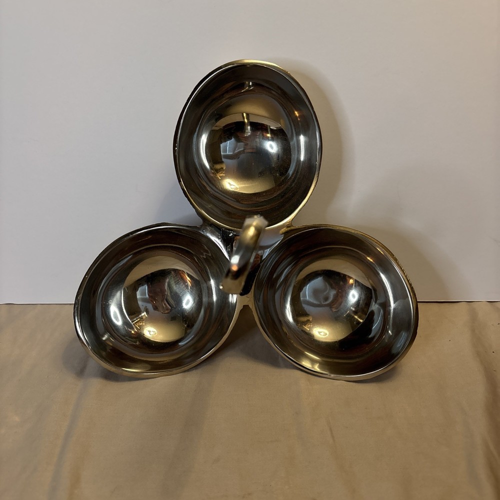 White Brass 3 Section Serving Dish w/ Handle Made in India