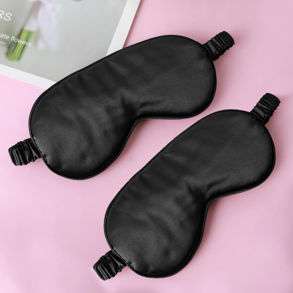 2 Pack Sleep Mask Silk Eye Cover for Sleeping, Soft Satin Black