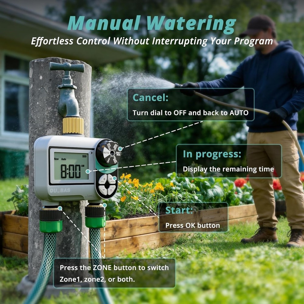 Brass Sprinkler Timer Programmable 2 Zone Water Hose Controller Waterproof LCD