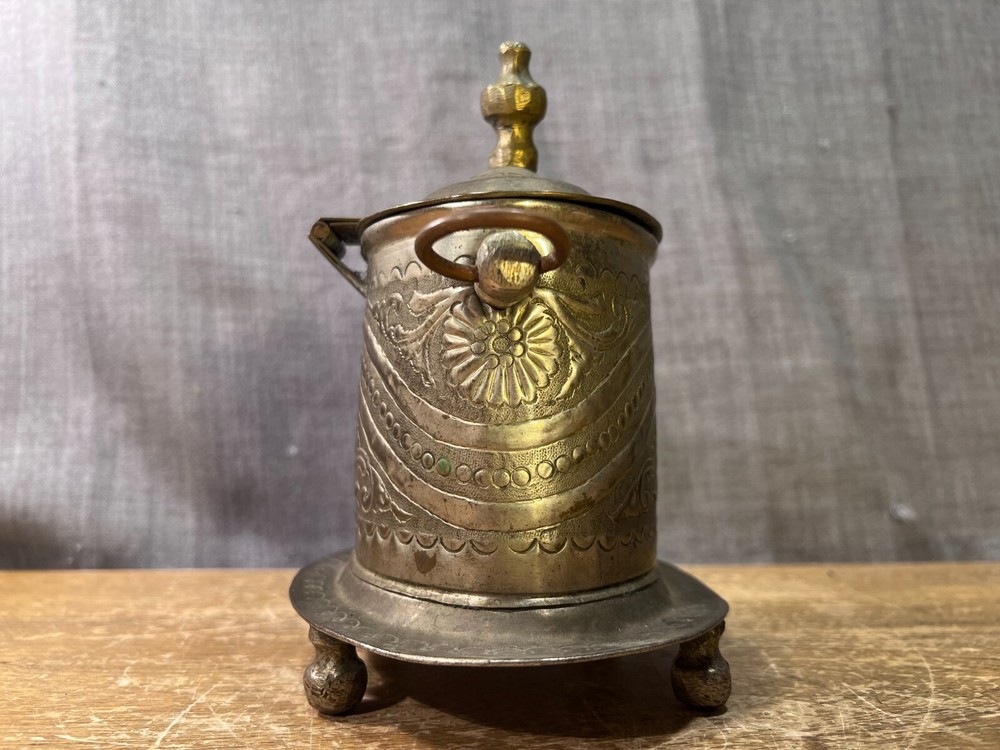 Antique Turkish Tea Coffee Container Caddy Footed Lidded Embossed Metalware