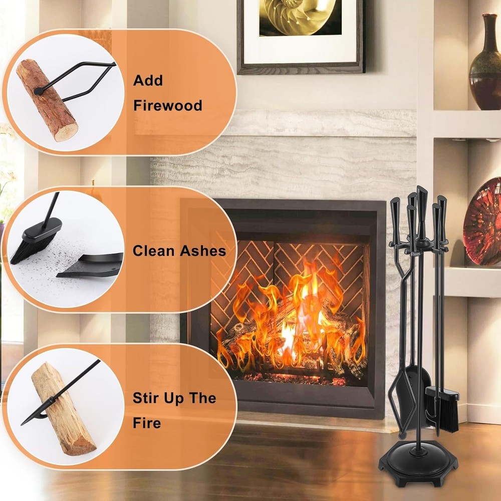 5 Pcs Fireplace Tools Set 32" Black Wrought Iron Large Fire Tool Set for Outd...