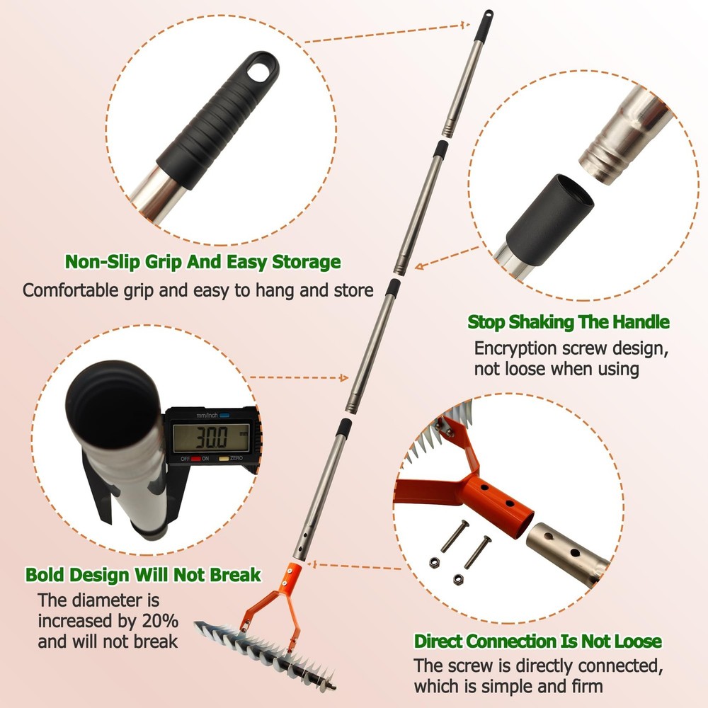 Thatch Rake with 68" Adjustable Handle,14" Dethatching Rake for Lawns – Re