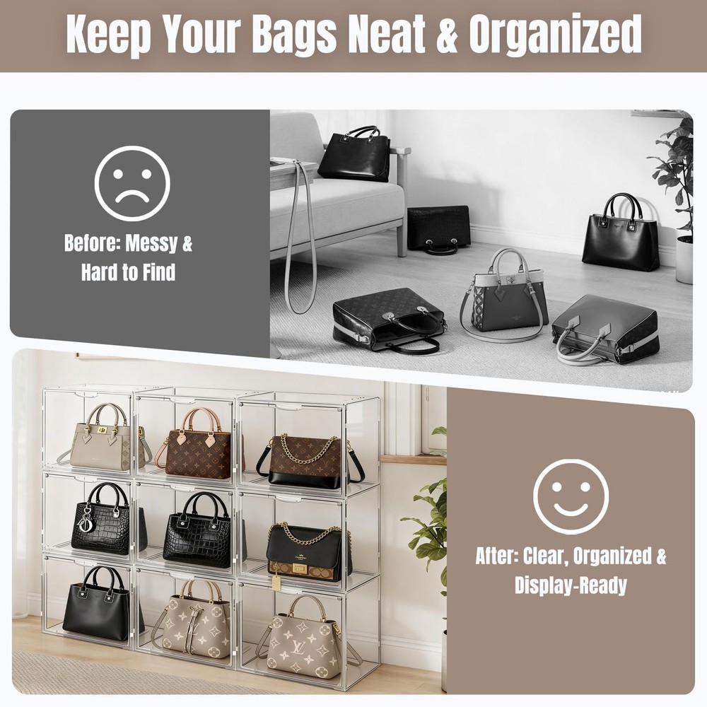15 Pack Clear Acrylic Purse Organizer for Closet, Stackable Handbag Storage B...