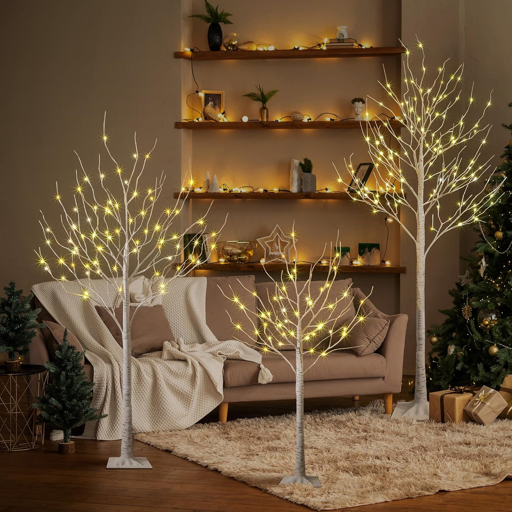 LED Birch Tree Light Set - 4Ft, 6Ft, 8Ft Trees with Warm White Lights (3-Pack)