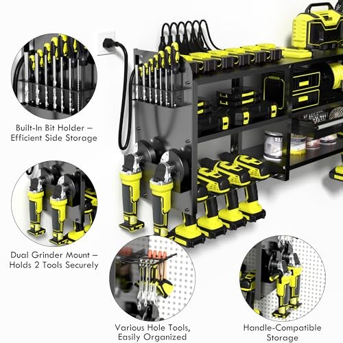Large Power Tool Organizer Wall Mount with Drill Rack, Grinder Holder, Black