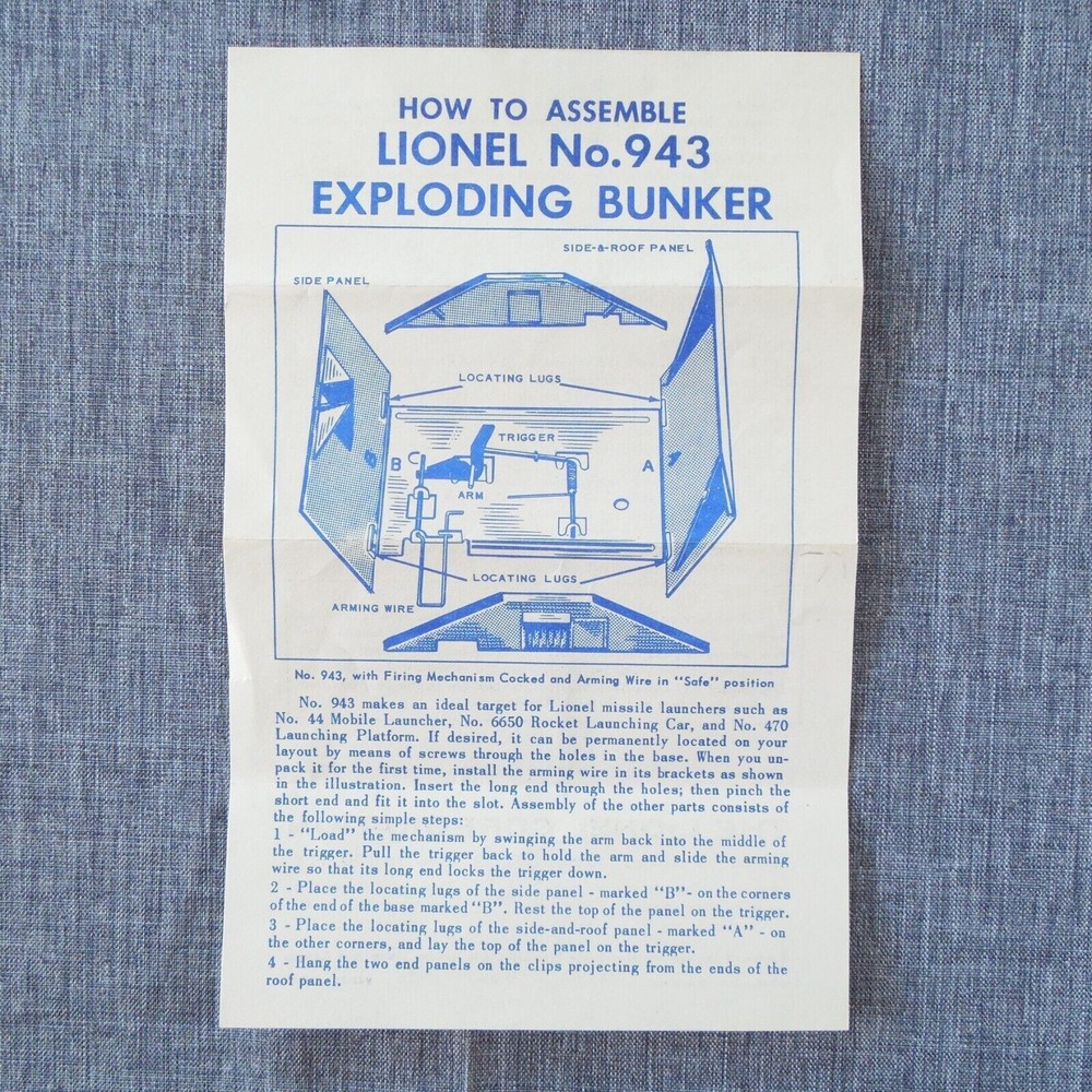 1959 Lionel No. 943 Exploding Bunker Instruction Sheet Model Railroad Train #1