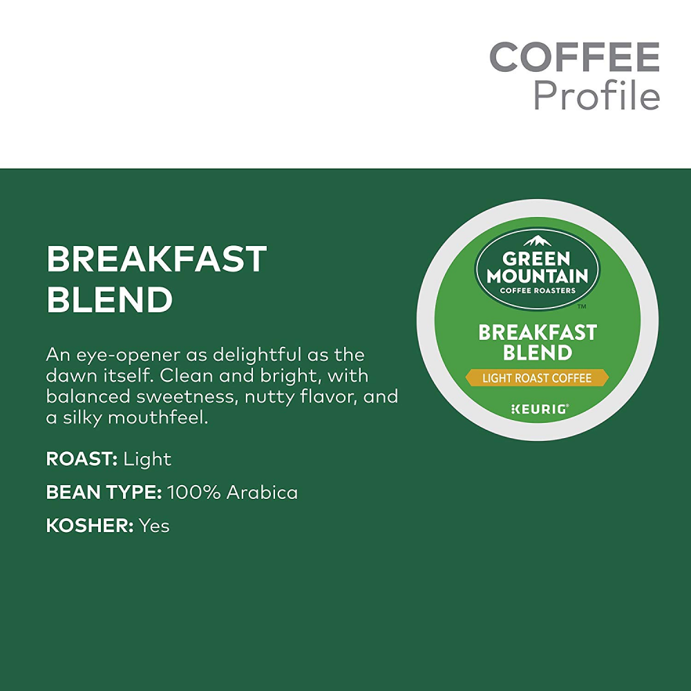 Green Mountain Coffee Roasters Breakfast Blend, Single Serve K-Cup , Light Roast