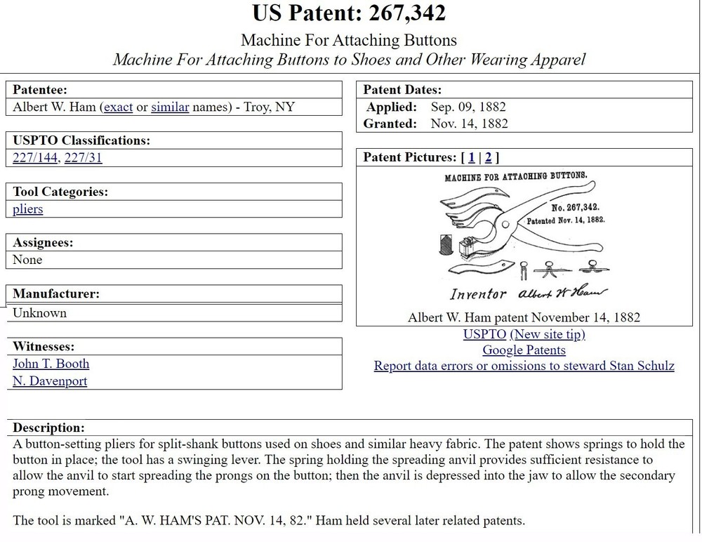 antique Button Setting pliers Patented Ham's 1882 tool for Attaching Buttons