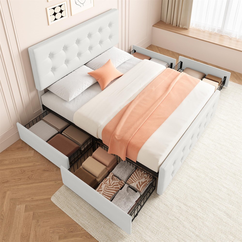 Full Bed Frame W/4 Storage Drawers Headboard Upholstered Platform Faux Leather