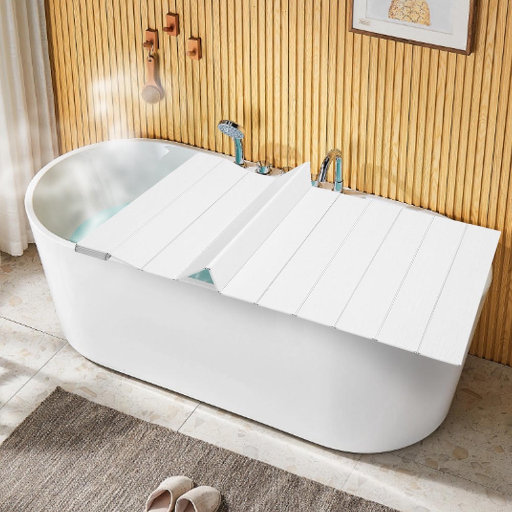 160*80cm Bath Cover Foldable White wood grain Rectangular Bath Lid for Bathroom